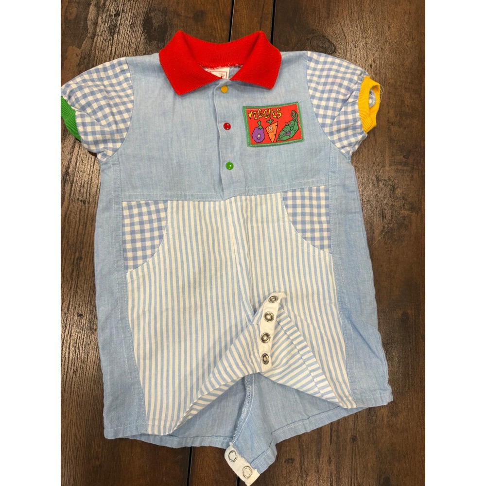 Buster Brown Romper Baby 18M Blue Veggies Applique Seersucker Gingham Kidcore